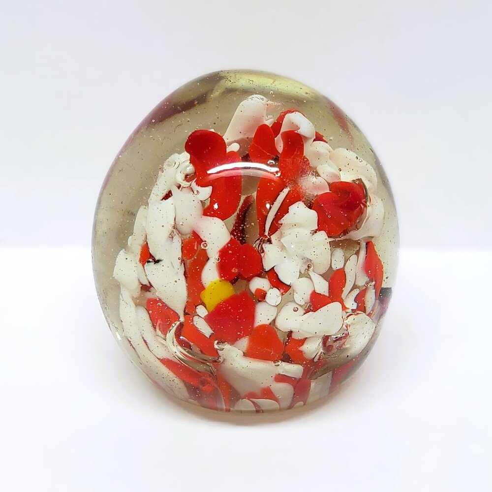 Art Glass Paperweight White Red Bubbles Handmade Egg Oval 2.5" Tall